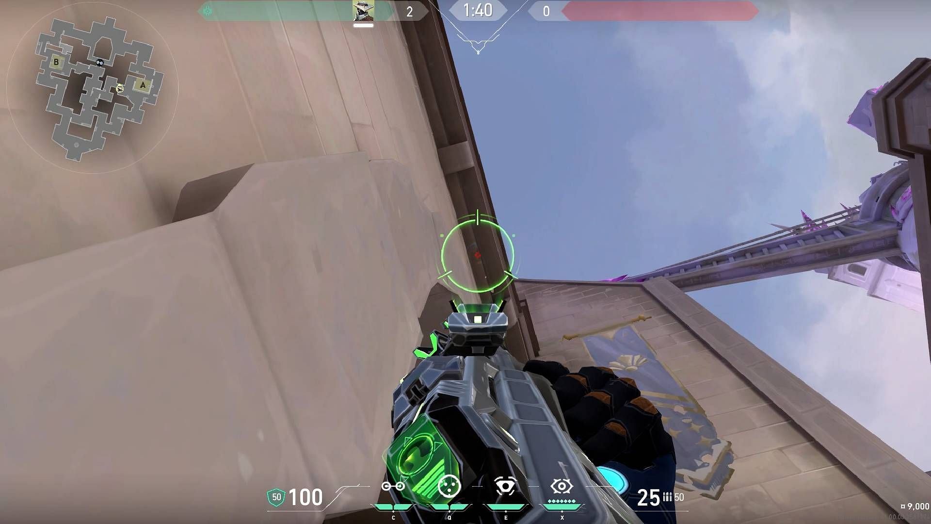 Where to aim for A-site one-way Cyber Cage setup (Image via Riot Games)